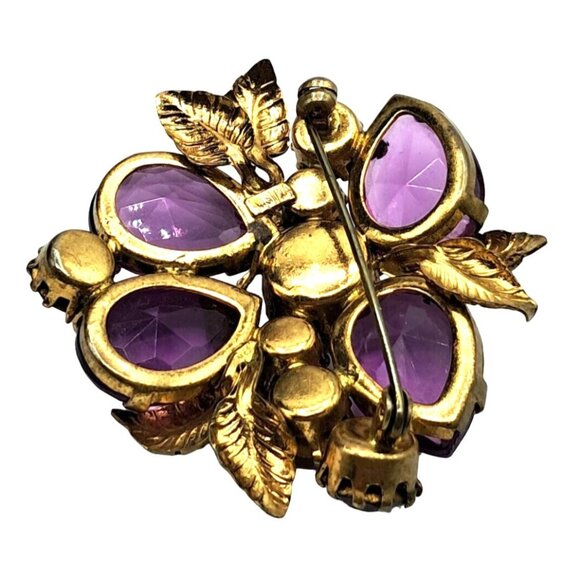 Austria Rhinestone Brooch Pink Purple Gold Tone Leaves Pin Vintage Costume Jewel - Picture 9 of 11